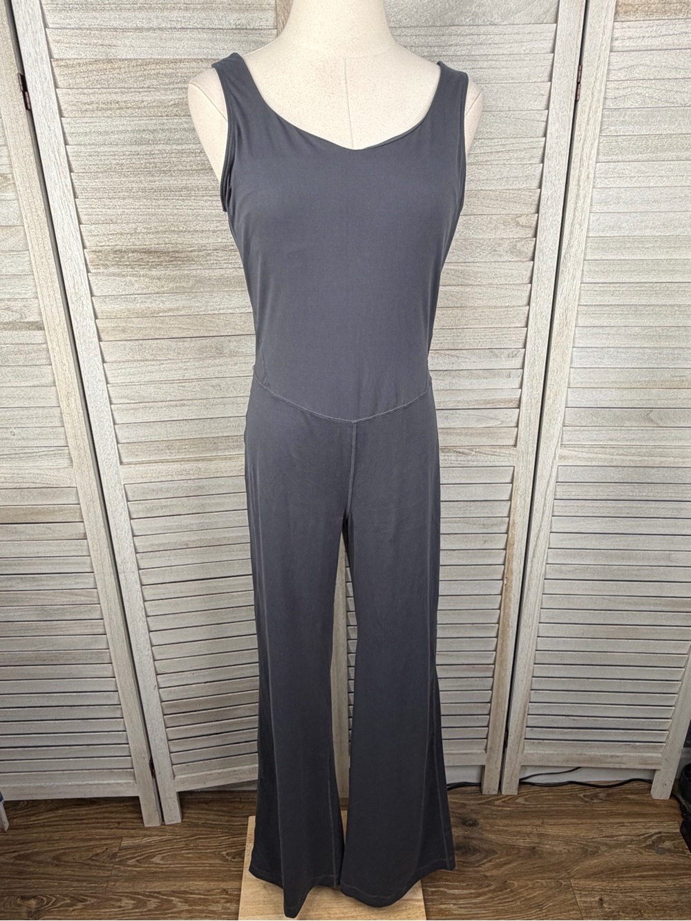 RAE MODE Women's Butter Soft Flare Leg Sleeveless Active Jumpsuit Charcoal-Large